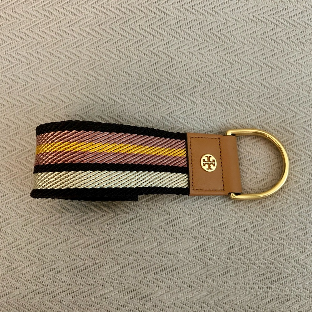 Tory Burch Web Striped Belt with Brown Leather and Gold D Ring Buckle 33”